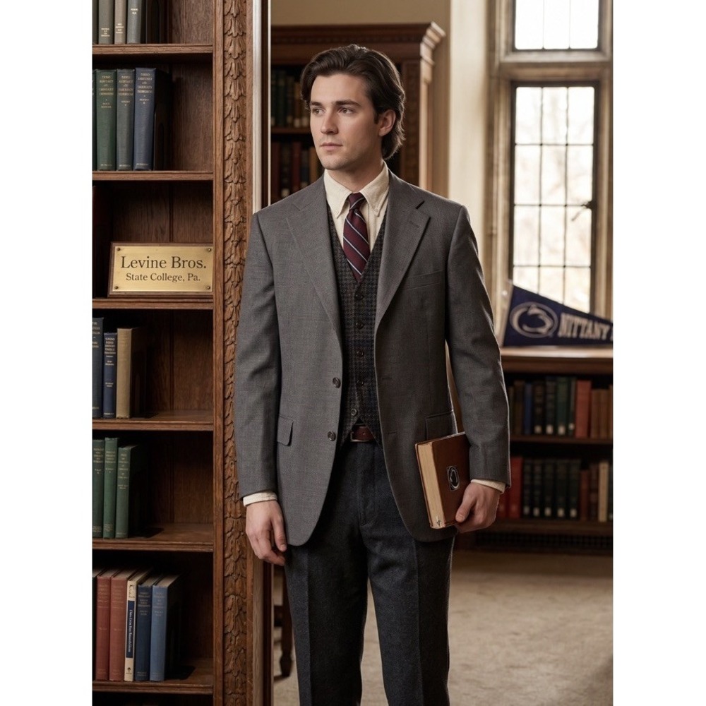 VTG Gant Penn State Levine Bros Gray Windowpane Plaid Blazer 38-39R